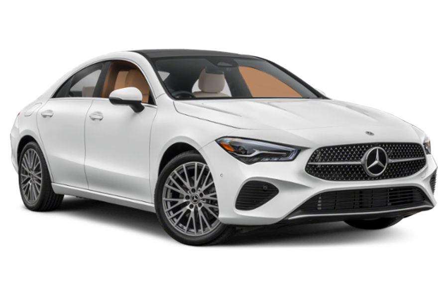 A white mercedes benz cla class is shown on a white background.