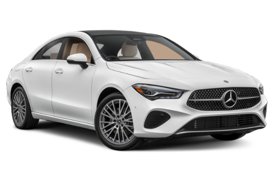 A white mercedes benz cla class is shown on a white background.