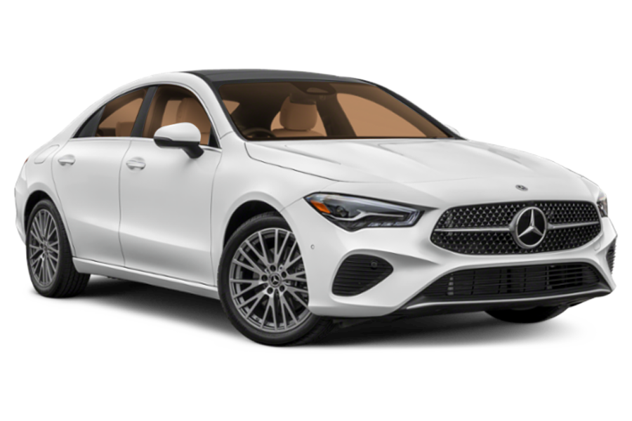 A white mercedes benz cla class is shown on a white background.