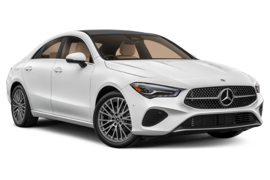 A white mercedes benz cla class is shown on a white background.