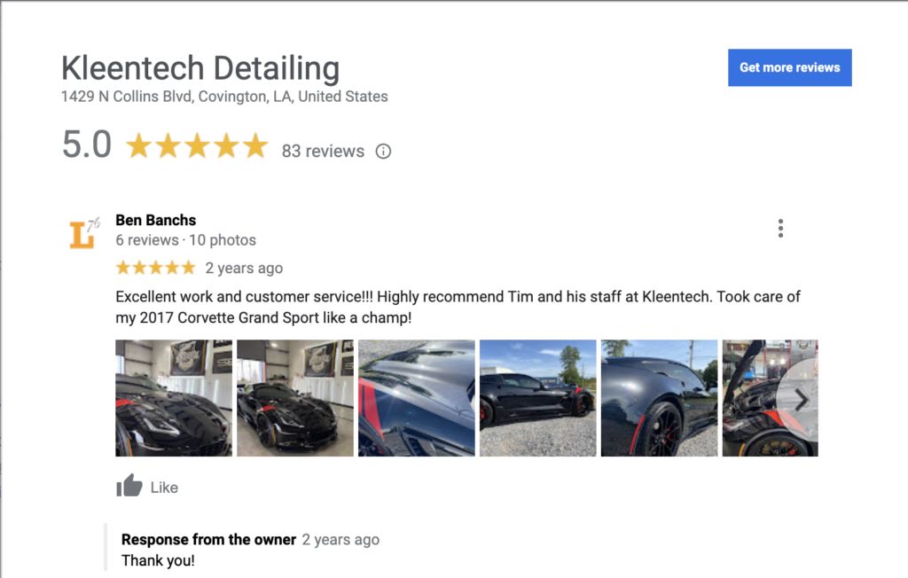 A screenshot of a google review for kleentech detailing.