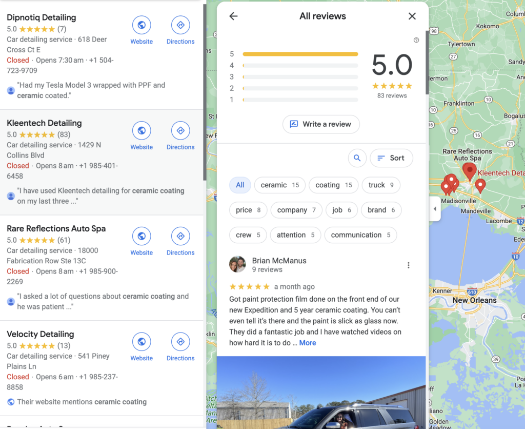 A screenshot of a google maps page with a 5.0 rating.