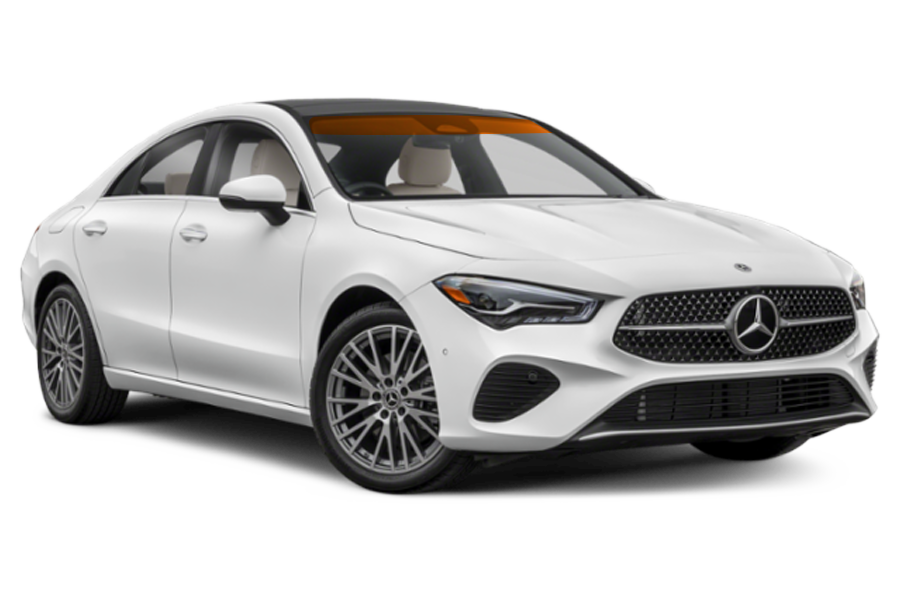A white mercedes benz cla class is shown on a white background.