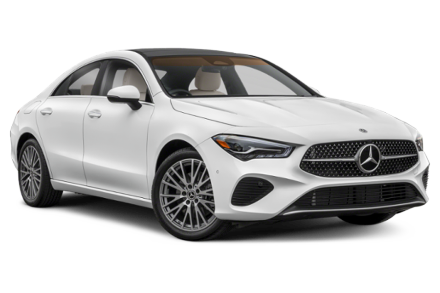 A white mercedes benz cla class is shown on a white background.