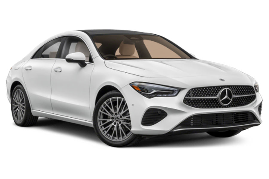 A white mercedes benz cla class is shown on a white background.