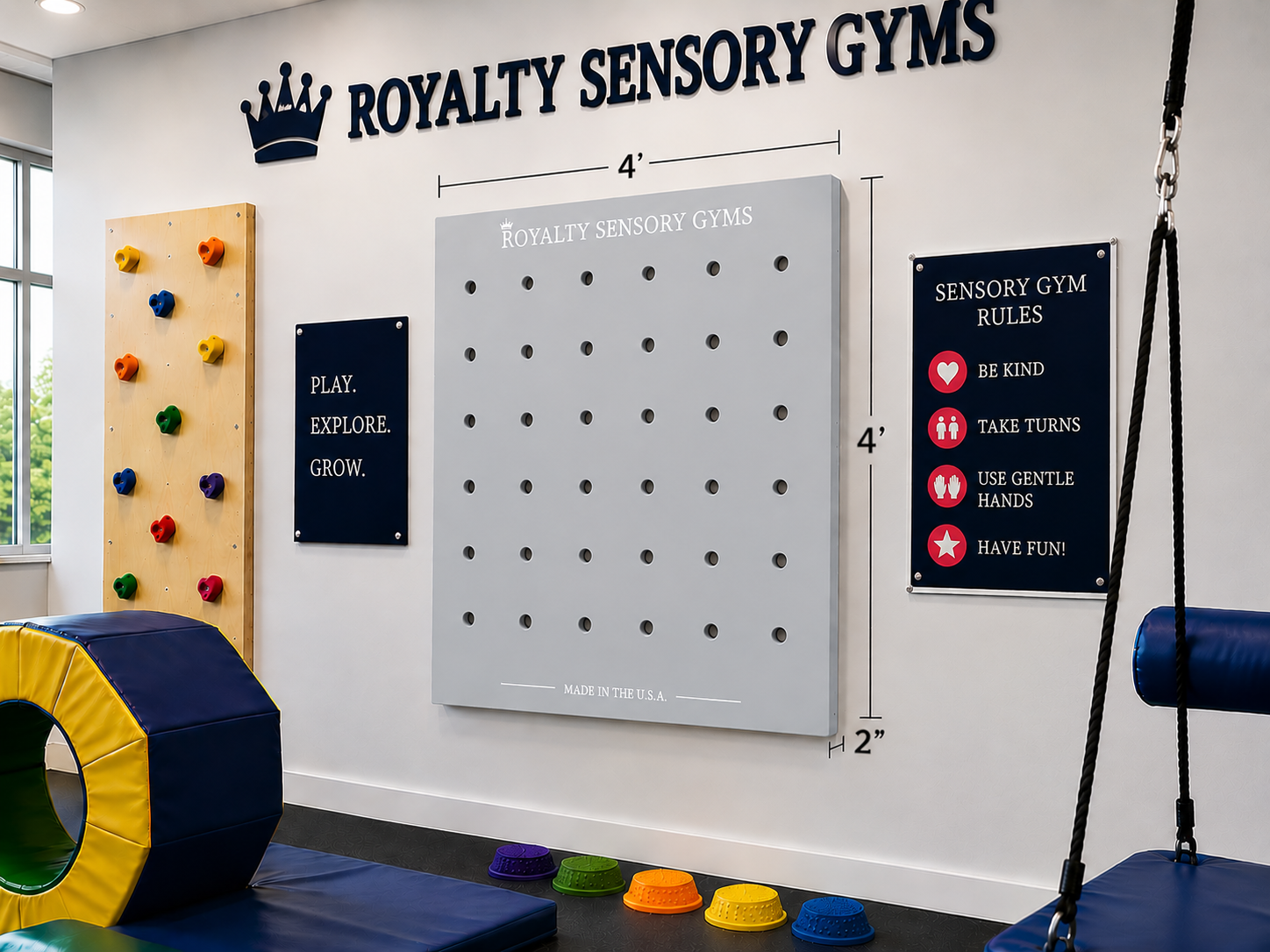 Sensory wall activity panel with padded climbing features for custom sensory rooms and therapy gyms