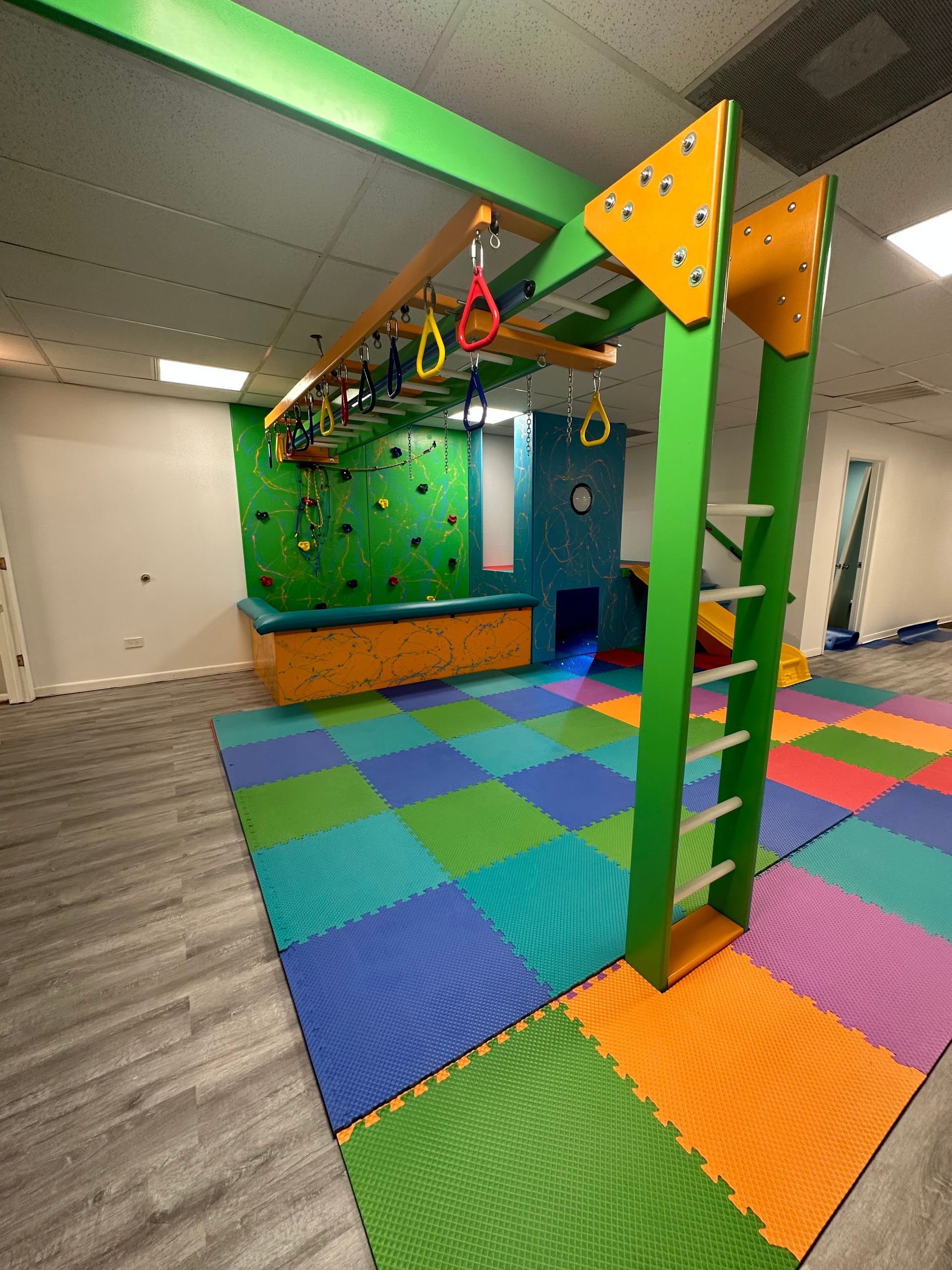 Custom multi-handle starter ladder for a sensory gym monkey bar system