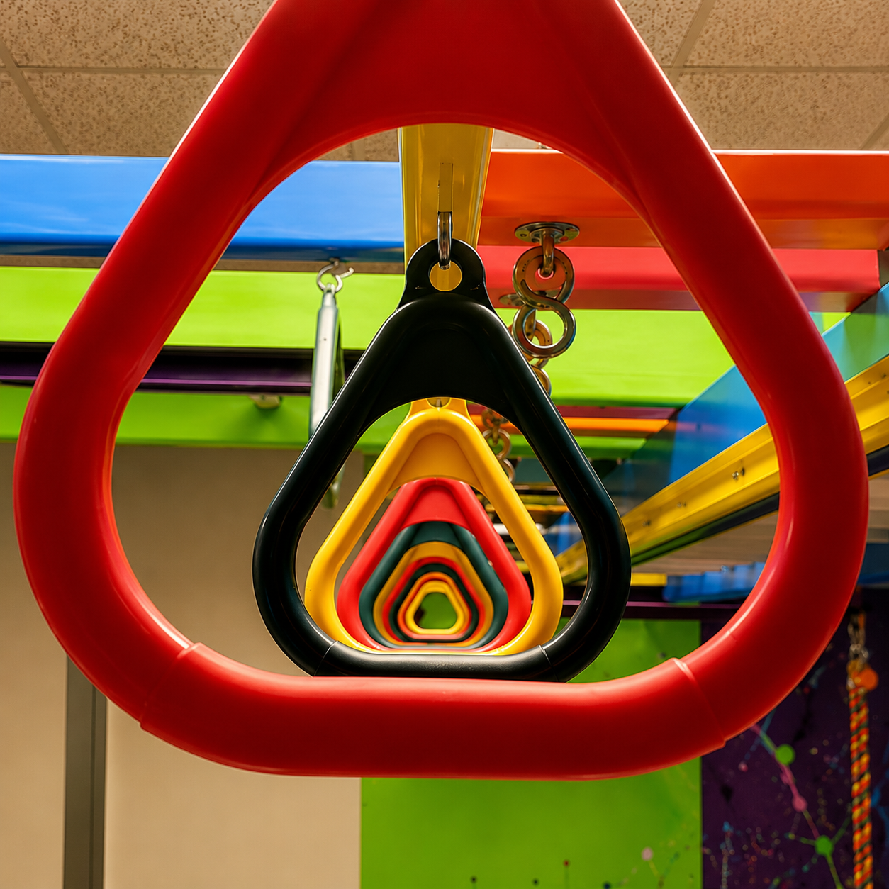 Sensory gym trapeze handles and hanging equipment for strength, coordination, and therapeutic movement