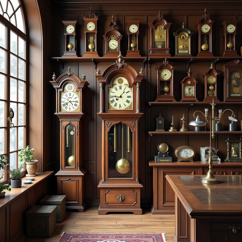A room with many antique clocks on shelves and a desk.
