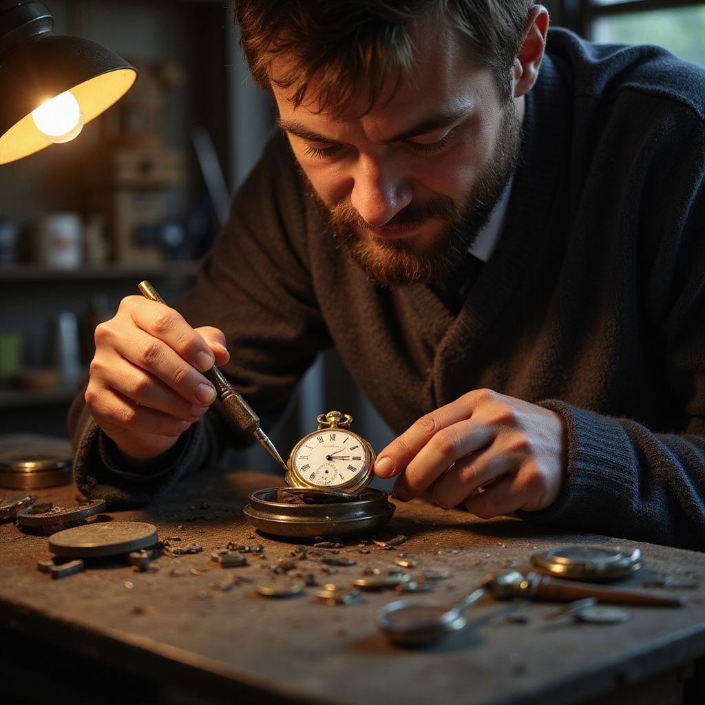 Man meticulously repairing an antique pocket watch at a workbench, lit by a lamp.