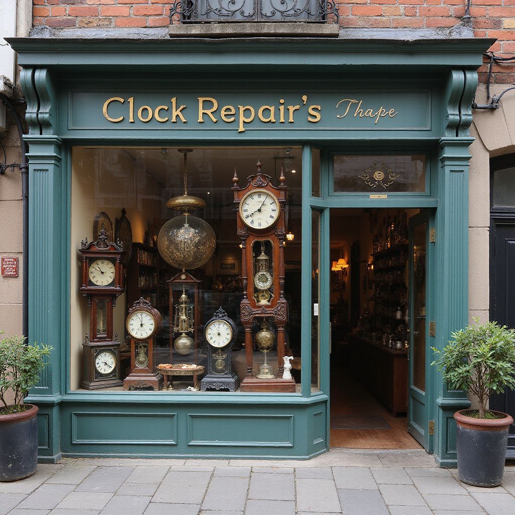 Clock repair shop with antique clocks in the window and doorway. Teal exterior, gold lettering.