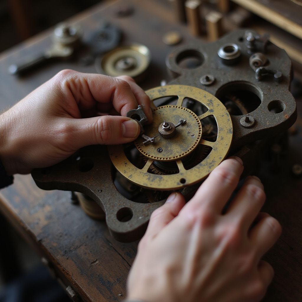 Hands working on clock gears, detailed close-up, tools and parts on wooden table.