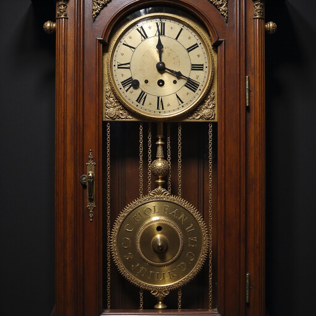 Wooden antique grandfather clock with a gold clock face and pendulum, against a dark background.