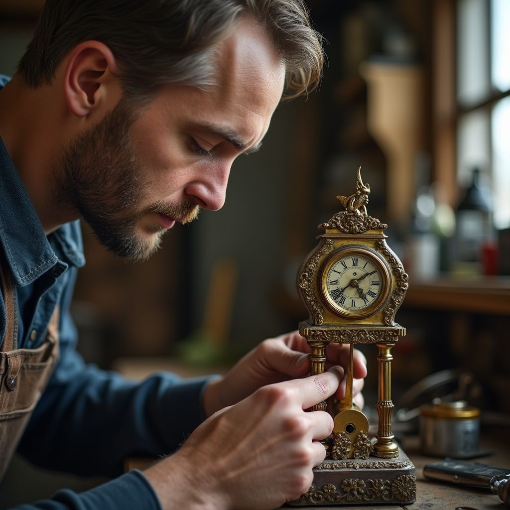 Man repairing a small antique clock in a workshop; brown apron, tools, focused expression.