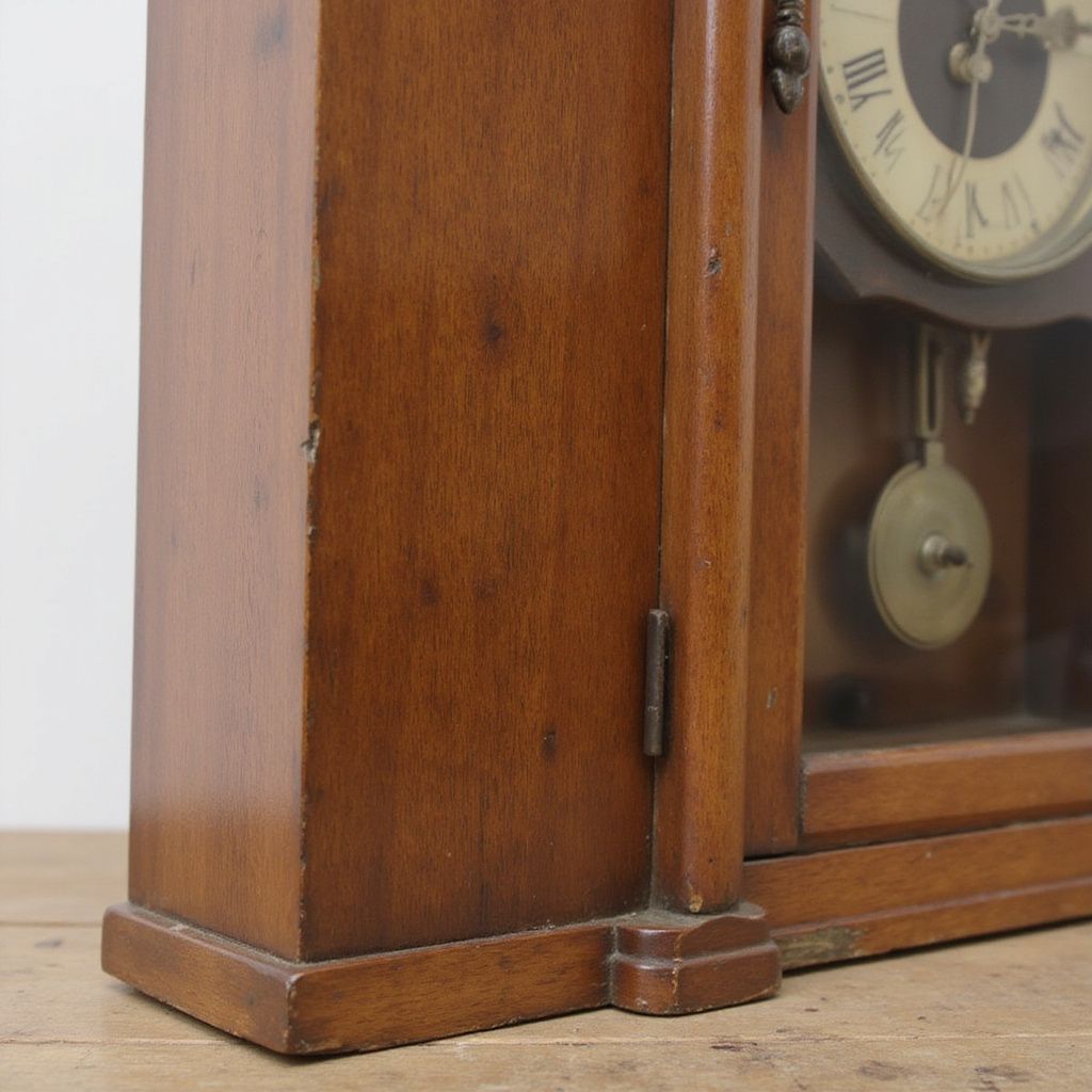 Close-up of a wooden clock. Brown, rectangular clock with a pendulum and Roman numeral clock face.
