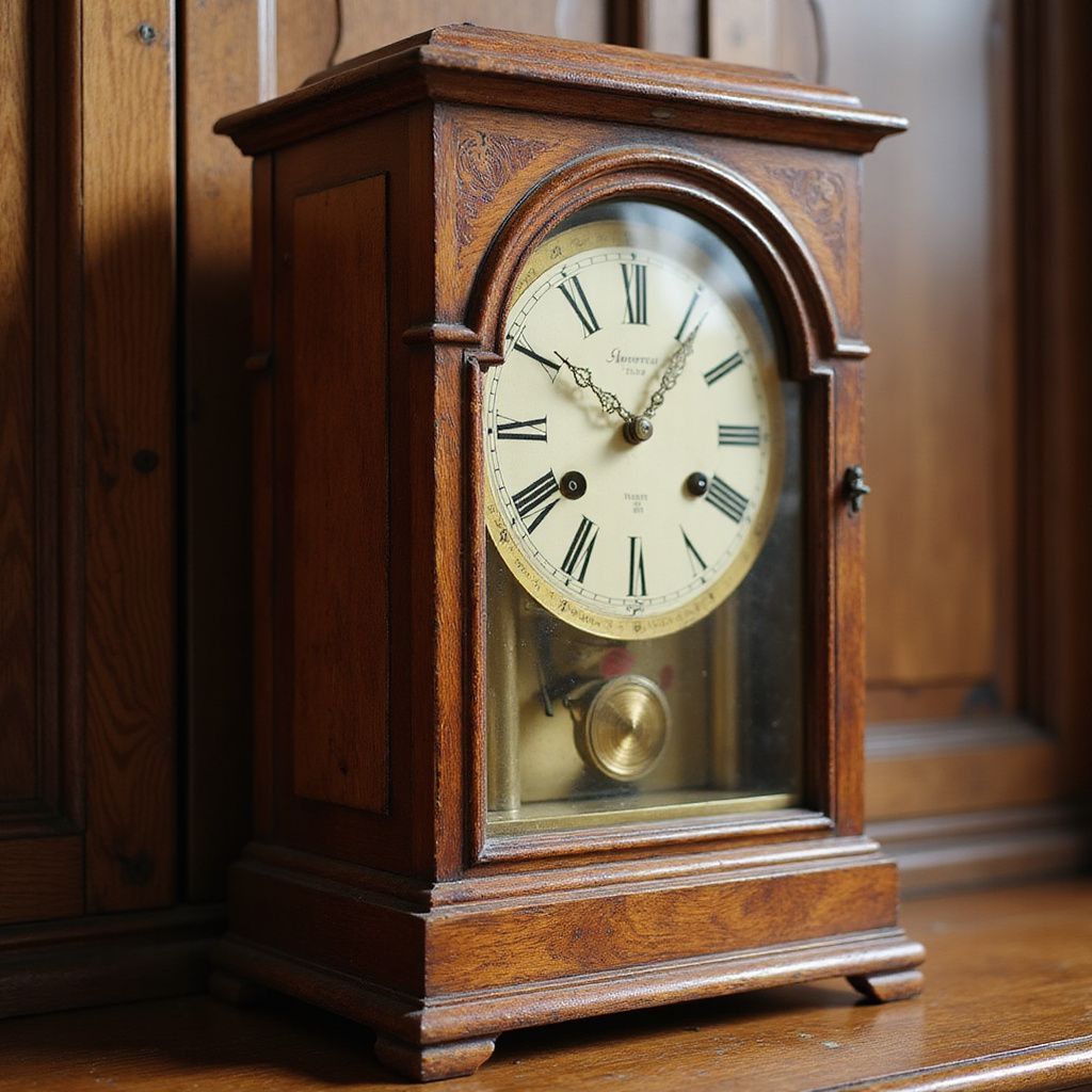 Wooden antique clock with a glass face and pendulum.