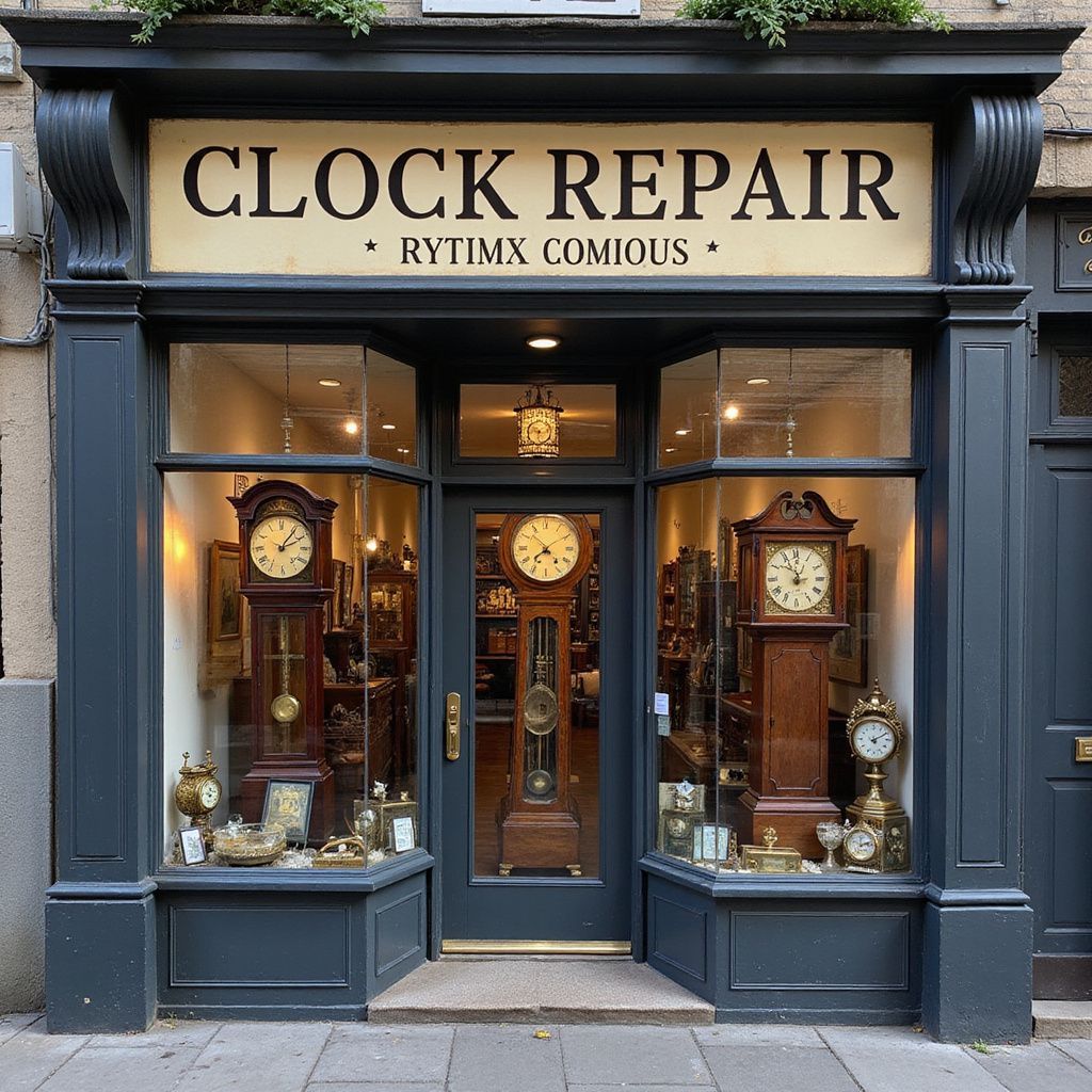 Clock repair shop with clocks in the windows. Dark blue facade, sign reads 