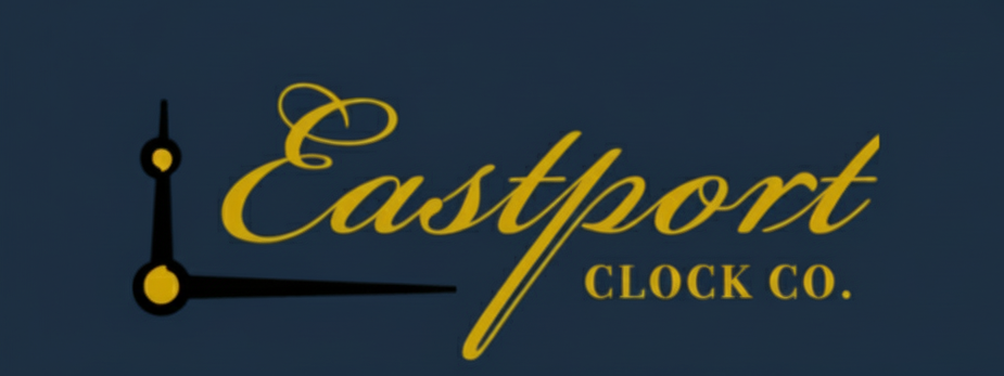 Logo for Eastport Clock Co., with a clock hand icon and gold script lettering on a navy blue background.