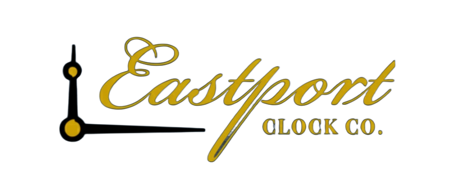 Logo of Eastport Clock Co., gold script text with clock hand design.