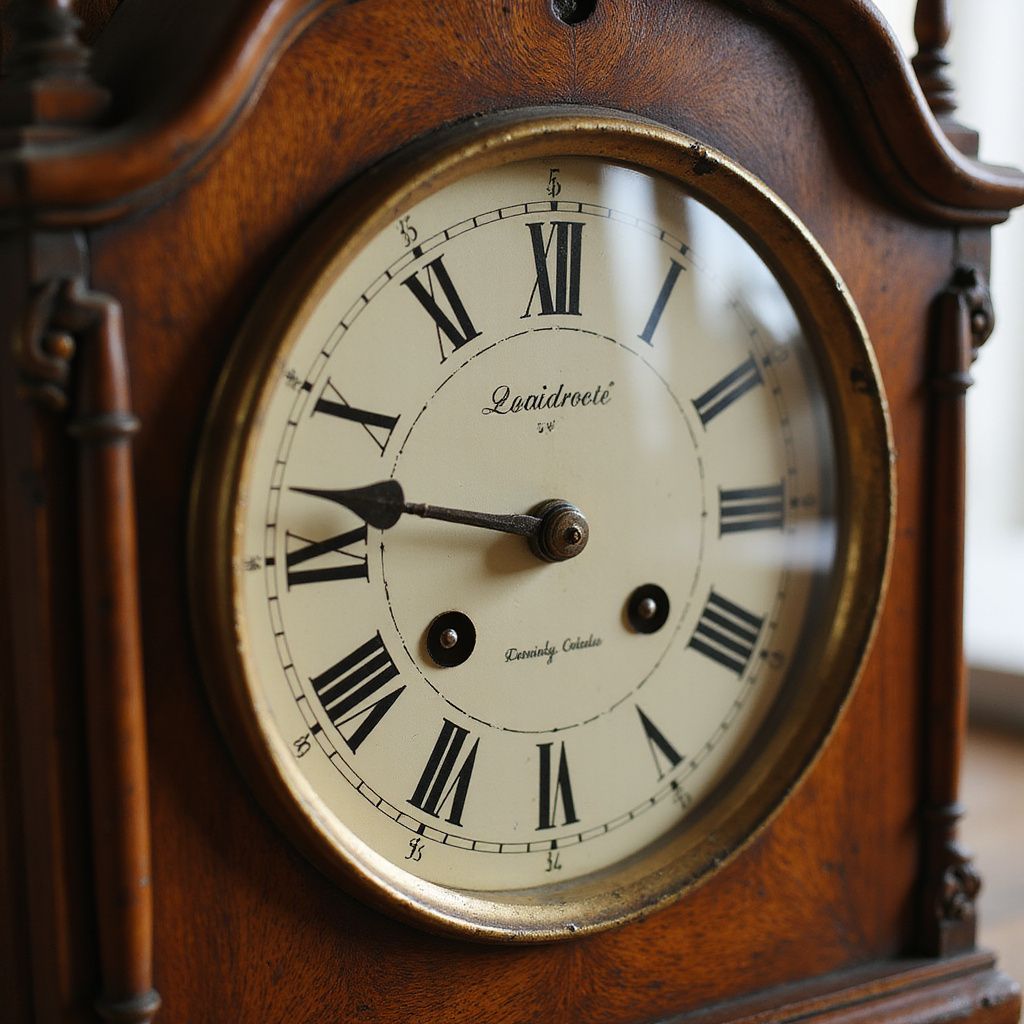 Close-up of a wooden clock with Roman numerals on its face, hands pointing to 7:16.