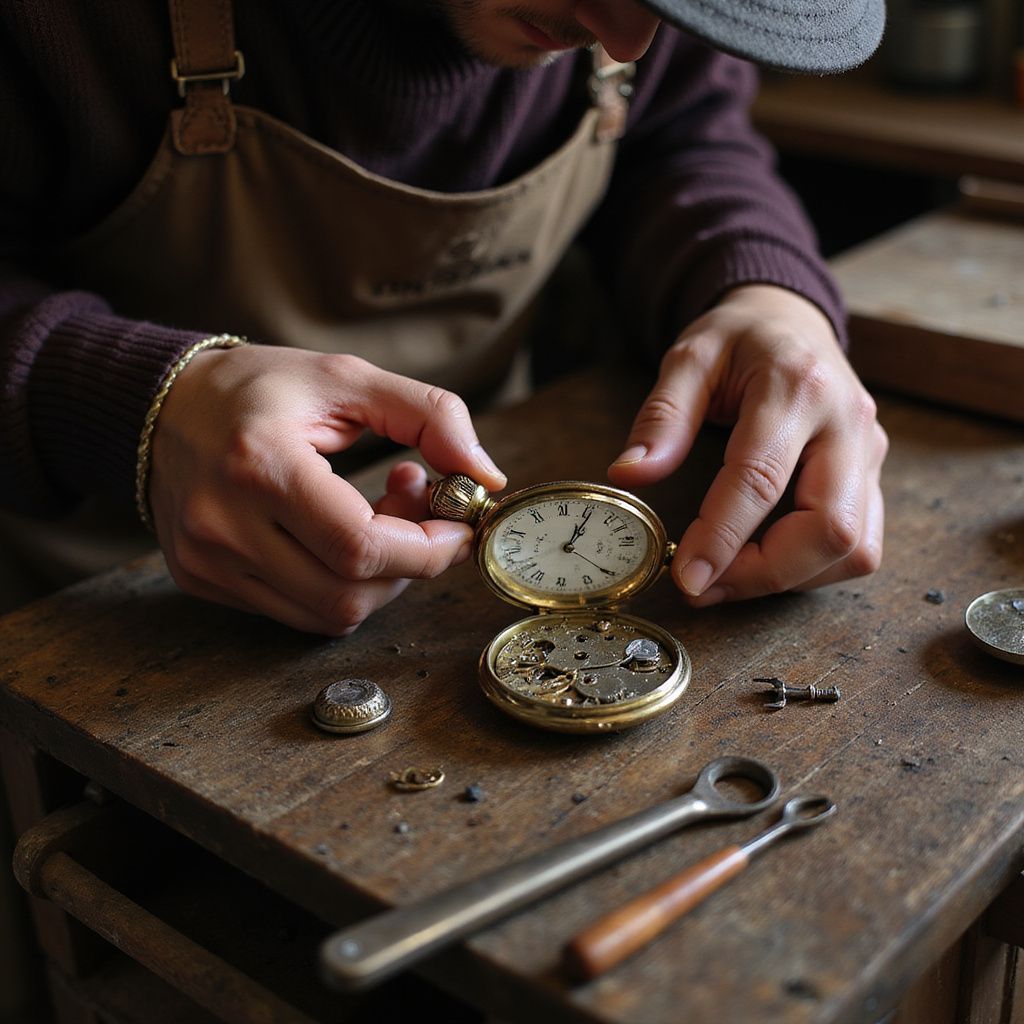 Watchmaker repairing a pocket watch on a wooden workbench, with tools and disassembled components.
