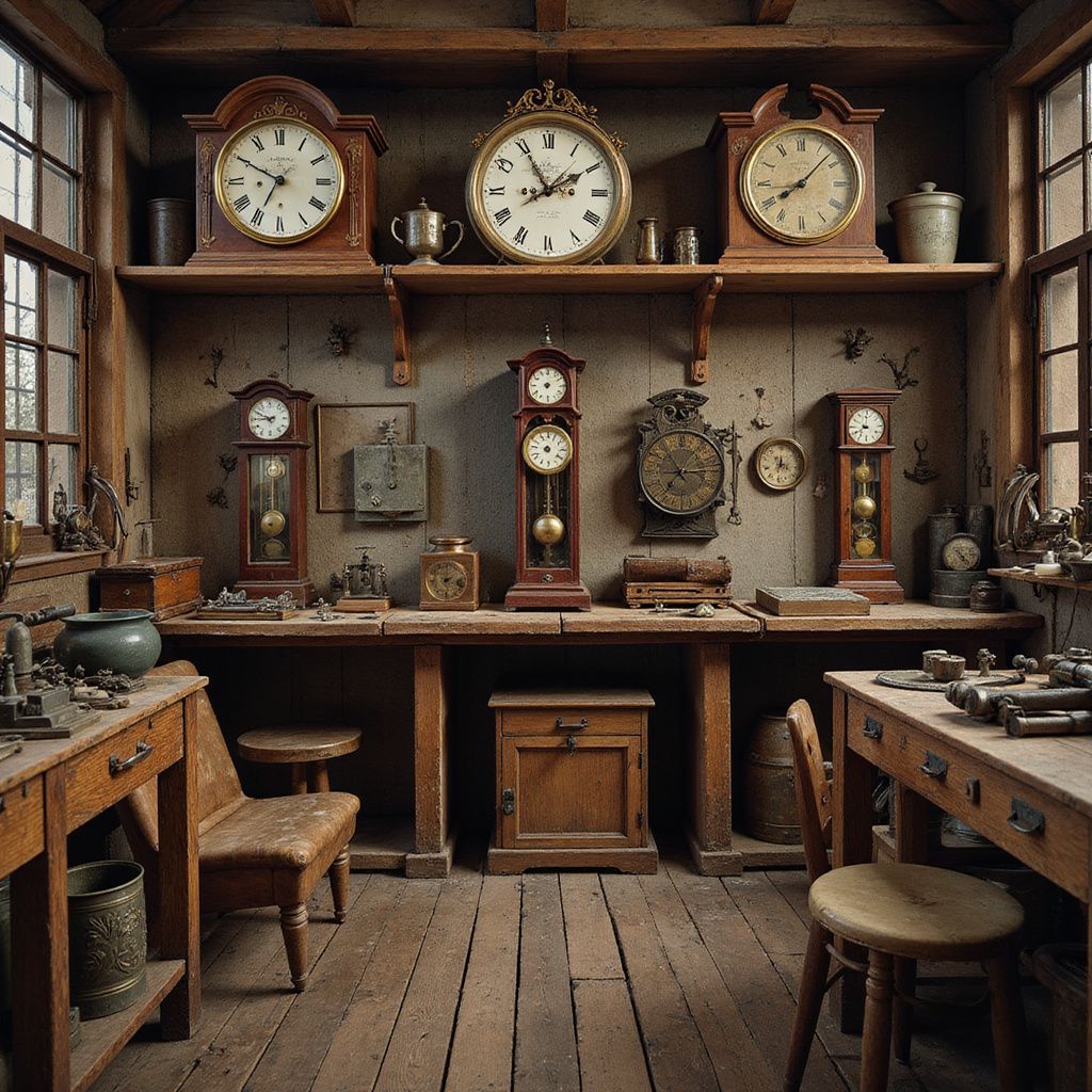 Clockmaker's workshop with clocks of varying sizes on shelves and workbenches; wooden interior.