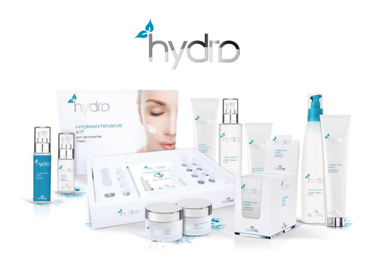 Un'esposizione di cosmetici idroelettrici con il volto di una donna sullo sfondo