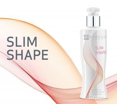 Una bottiglia di lozione Slim Shape è esposta su uno sfondo bianco
