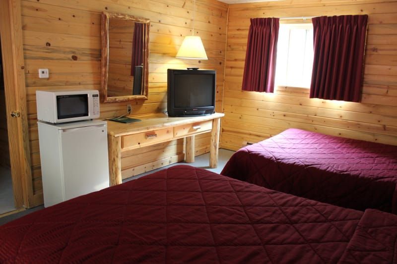 A hotel room with two beds , a refrigerator , a television and a microwave.