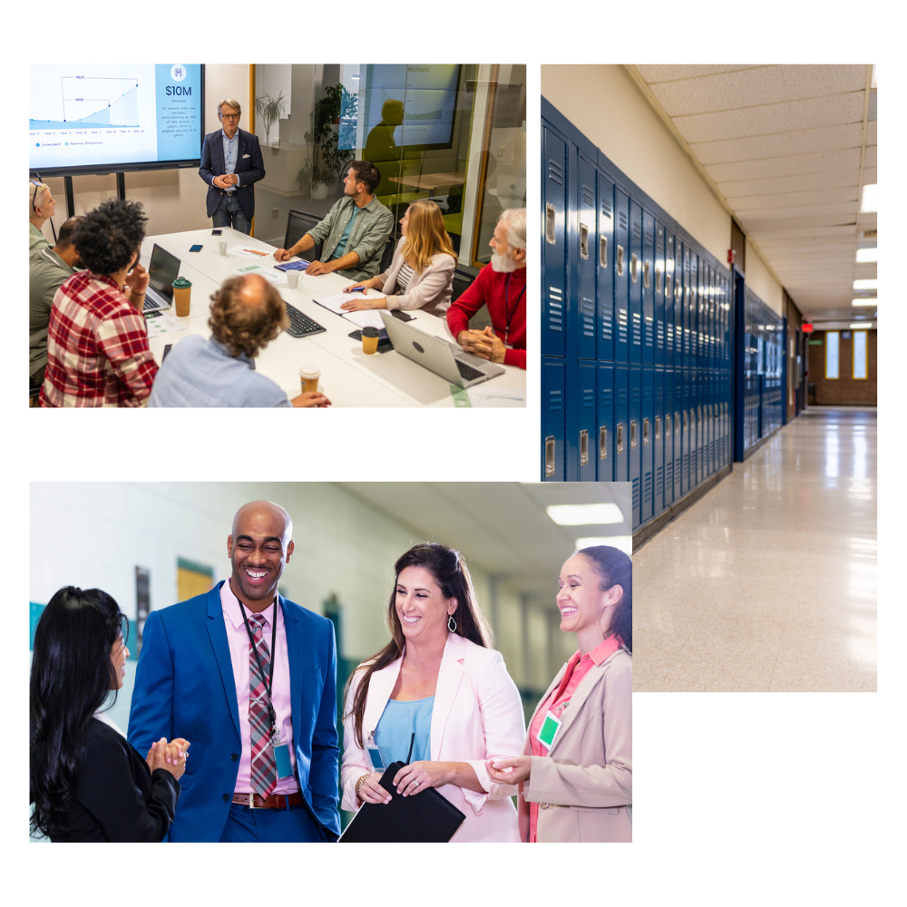 Three scenes: A meeting, a school hallway with blue lockers, and a group of school staff conversing.