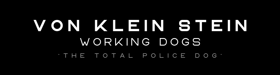 Von Klein Stein Working Dogs logo on a black background, with white text and a small dog silhouette