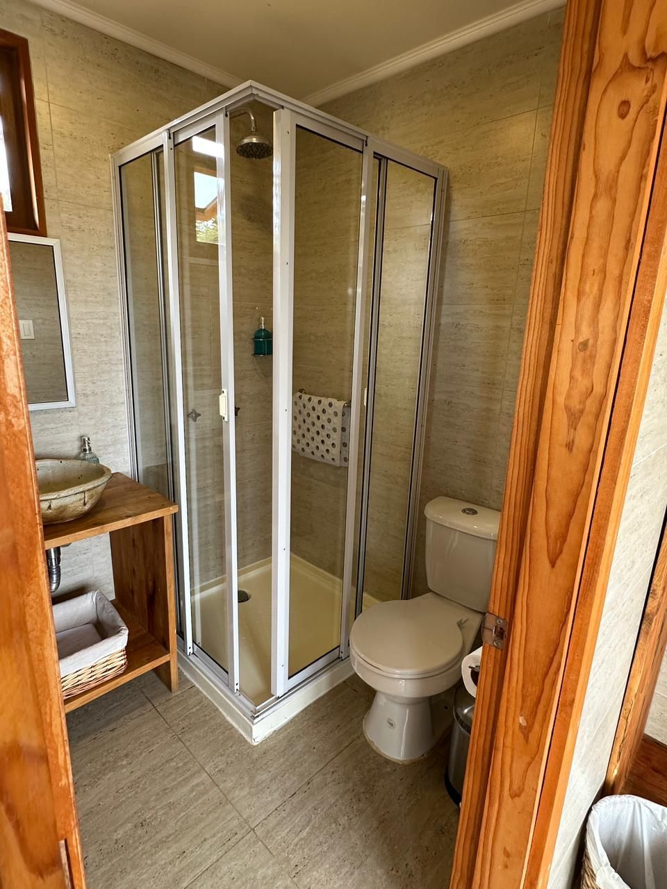 Baño con ducha, inodoro y lavabo de madera. Paredes y suelos de color claro.