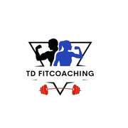 The logo for td fitcoaching body transformation shows a man and a woman holding dumbbells.