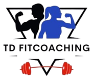 The logo for td fitcoaching body transformation shows a man and a woman holding dumbbells.