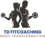 The logo for td fitcoaching body transformation shows a man and a woman holding dumbbells.