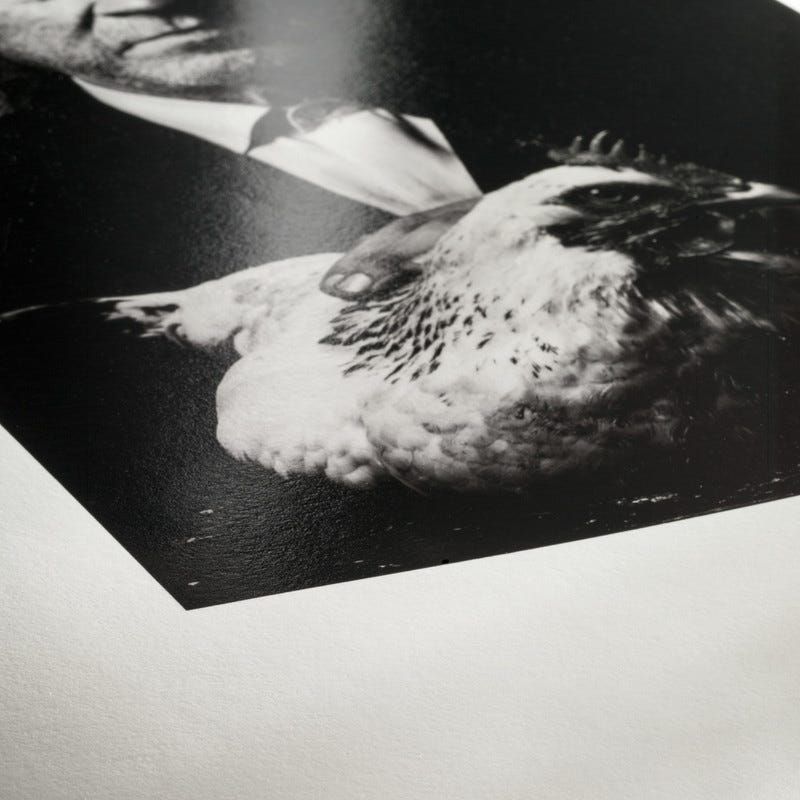 Une photo en noir et blanc d'un homme et d'un oiseau