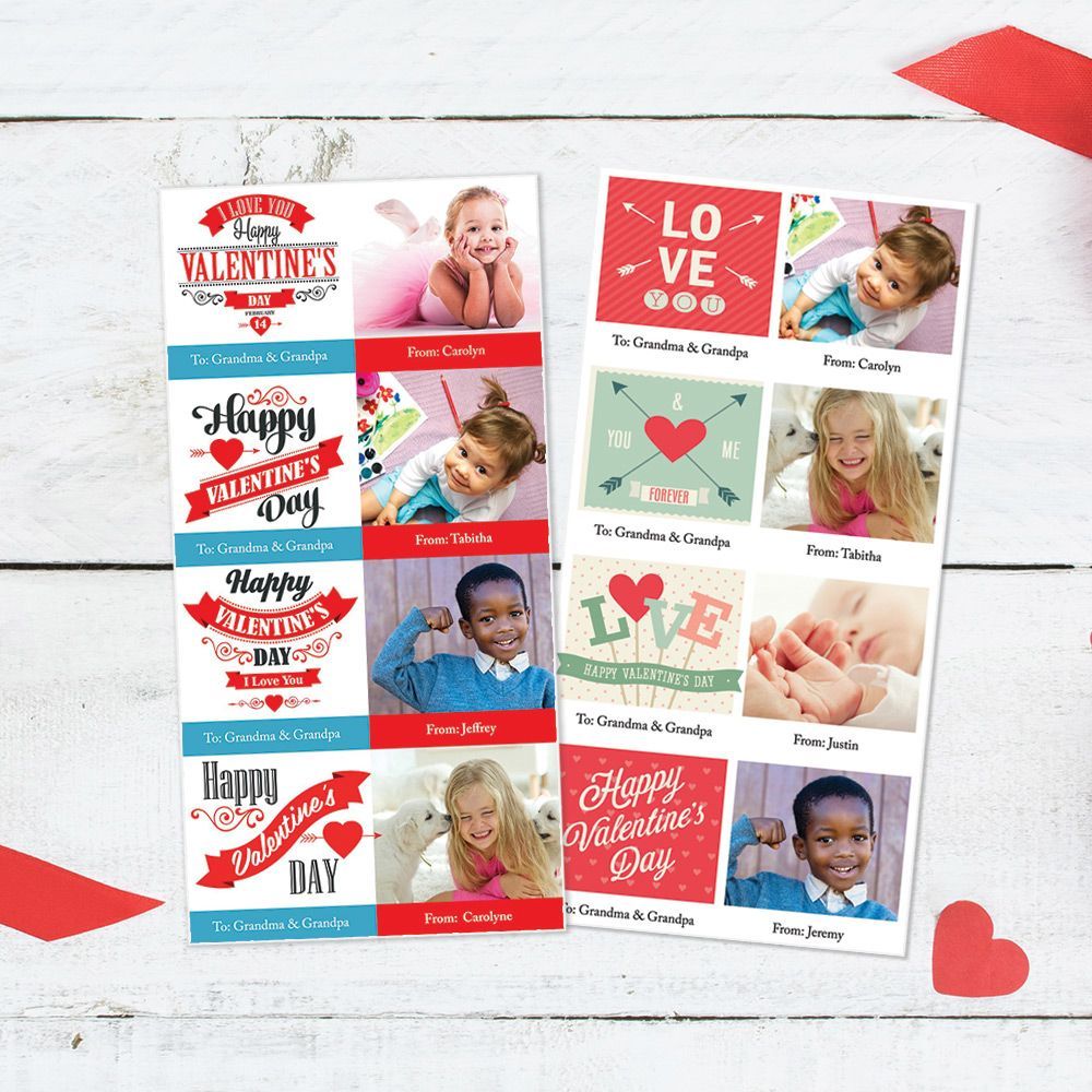 Valentine's Day Mini cards displaying a collage of children photos placed flat on a white wooden tabletop