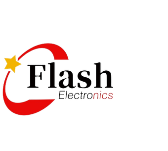 Ein Logo für Flash Electronics mit einem roten Kreis und einem gelben Stern.