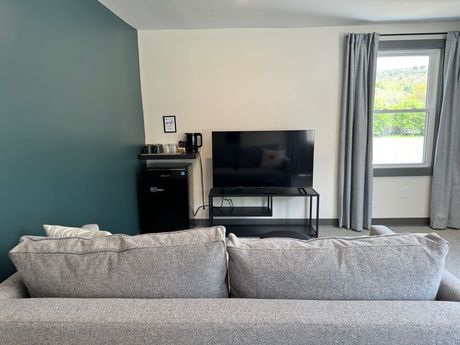 A living room with a couch and a flat screen tv