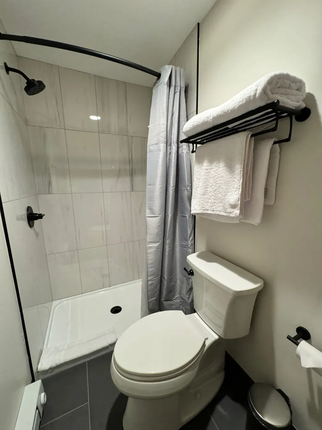 A bathroom with a toilet a shower and a towel rack