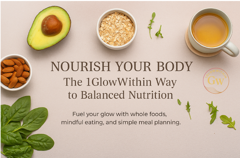 Healthy food layout with text: Avocado, nuts, oats, spinach, tea.