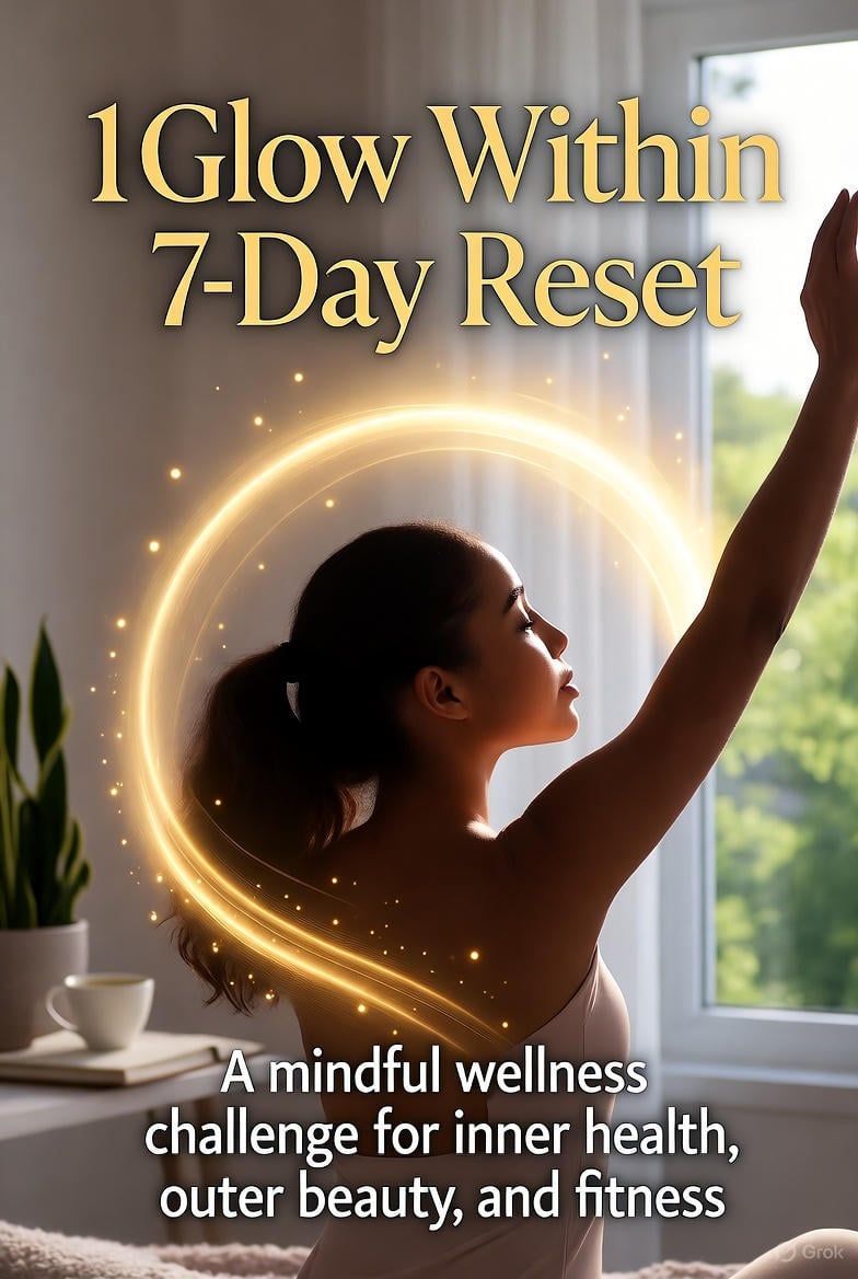 Woman with arms raised inside a glowing circle, promoting a 7-day wellness reset for inner health, beauty, and fitness.