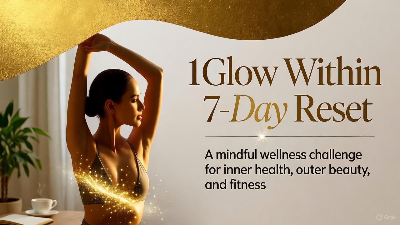 Woman stretching in front of a desk with the text