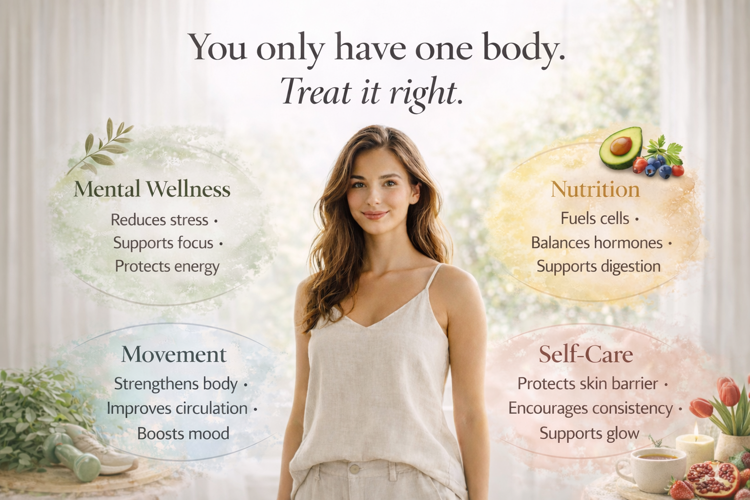 Holistic wellness pillars supporting inner health and glow