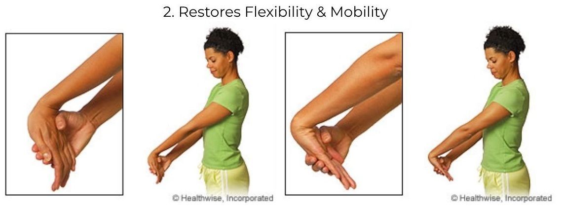 A person demonstrating a wrist flexibility exercise, holding their hand and arm out, bending the wrist.