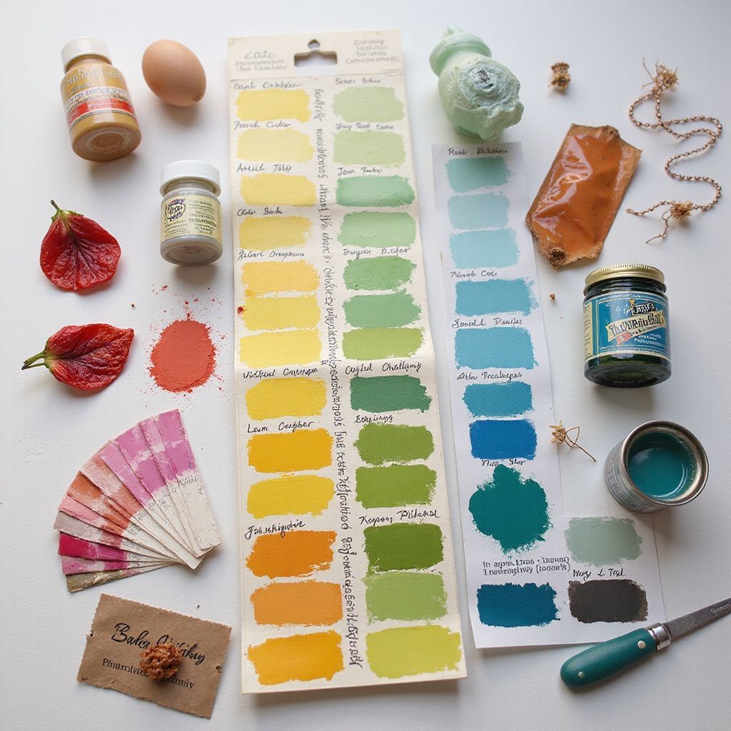 Color swatches, paints, and objects arranged on a white surface, showcasing paint color options.