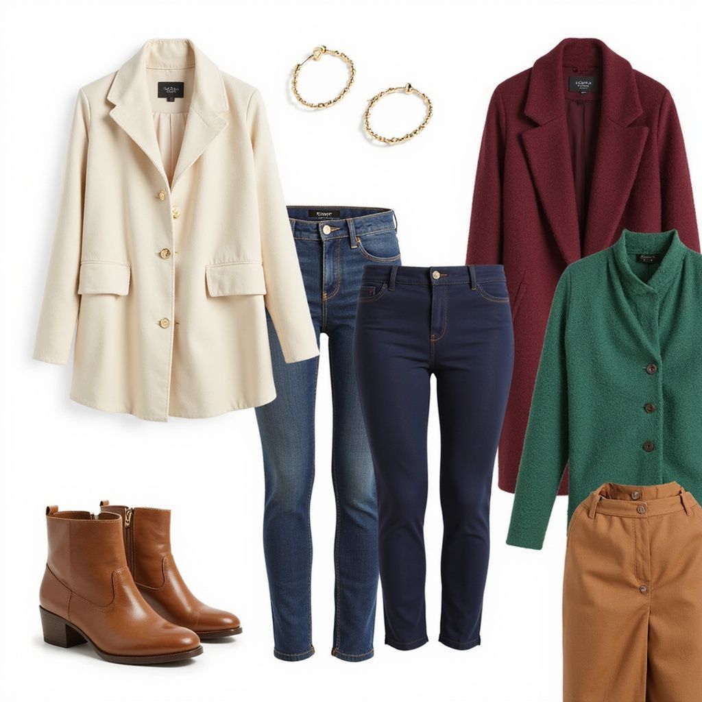 Outfit flat lay: cream blazer, burgundy coat, green cardigan, tan pants, jeans, earrings, brown boots.