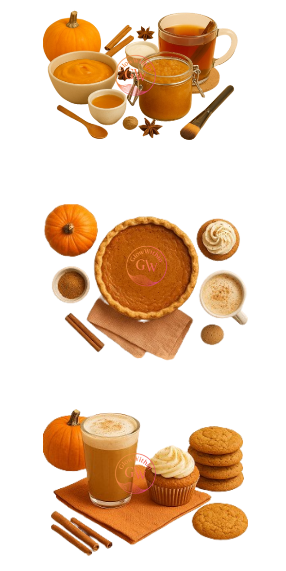 Pumpkin spice treats: pie, latte, cupcake, cookies, and various dishes.