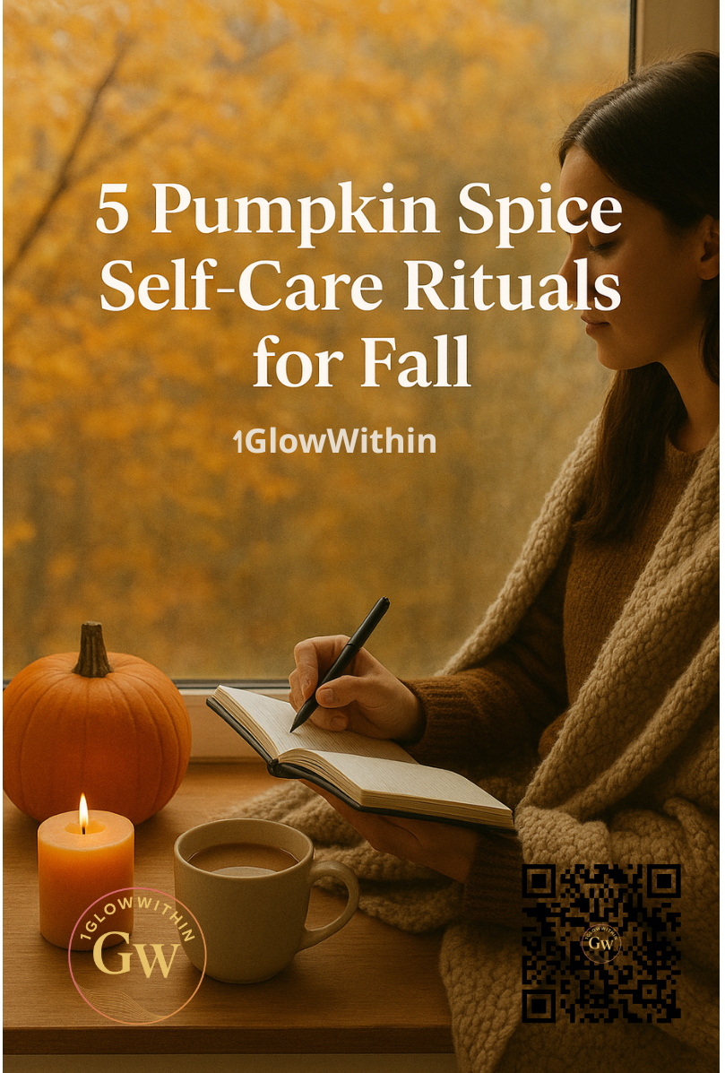 Woman writing in a notebook by a window, pumpkin and candle nearby, pumpkin spice self-care theme.