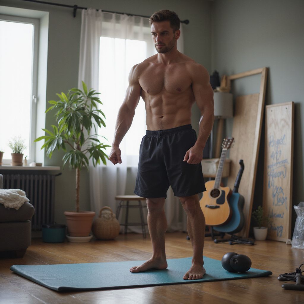 Muscular person in black shorts stands on a mat, indoors, looking focused, ready to workout.